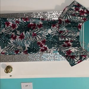 Off the shoulder tropical pattern mini dress